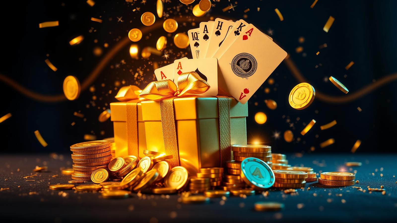 Gouden cadeau, munten en speelkaarten die de Spindog promoties symboliseren
